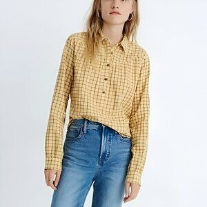 NWT Madewell Yellow Mustard Check Plaid Boyfriend Flannel Henley Western Top XL